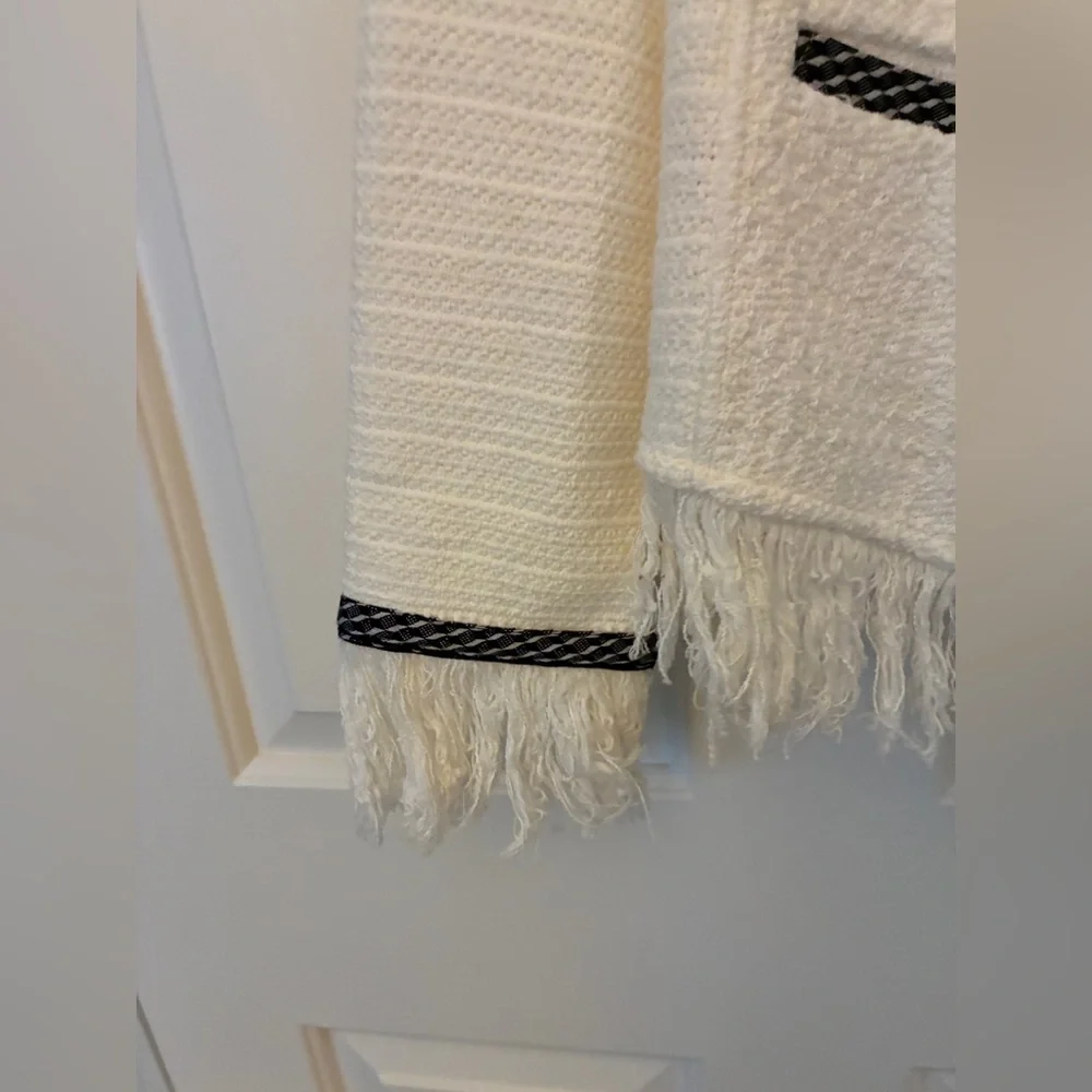 Mic & Zoe Statement Fringe Mix Knit Jacket in Classic Cream White‎ Sz PL